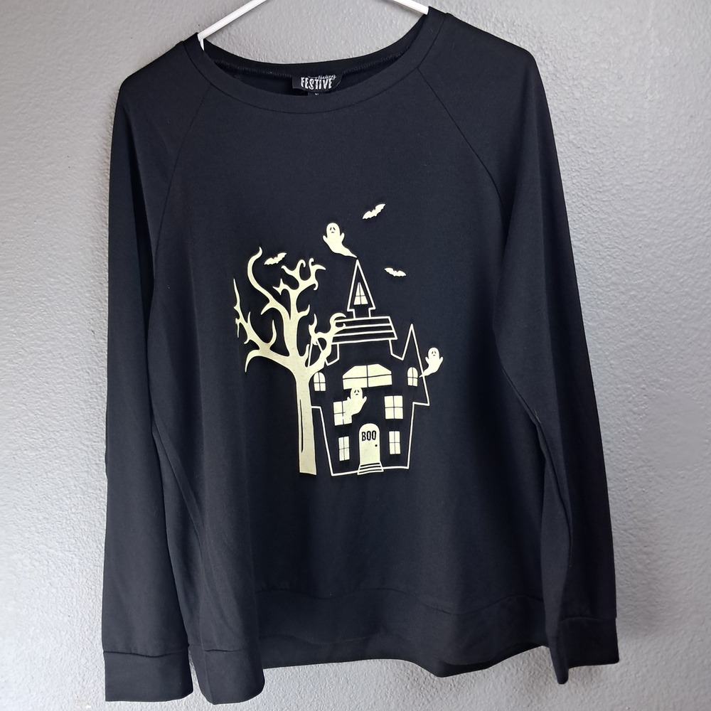 Feeling Festive Halloween Sweatshirt Haunted House Ghosts Bats Black XL